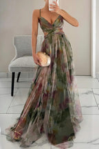 Robe longue imprimée femme à laçage, coupe fluide, vert