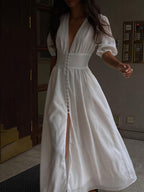 Robe longue col V pour soirées d'été, blanche ou noire, blanc