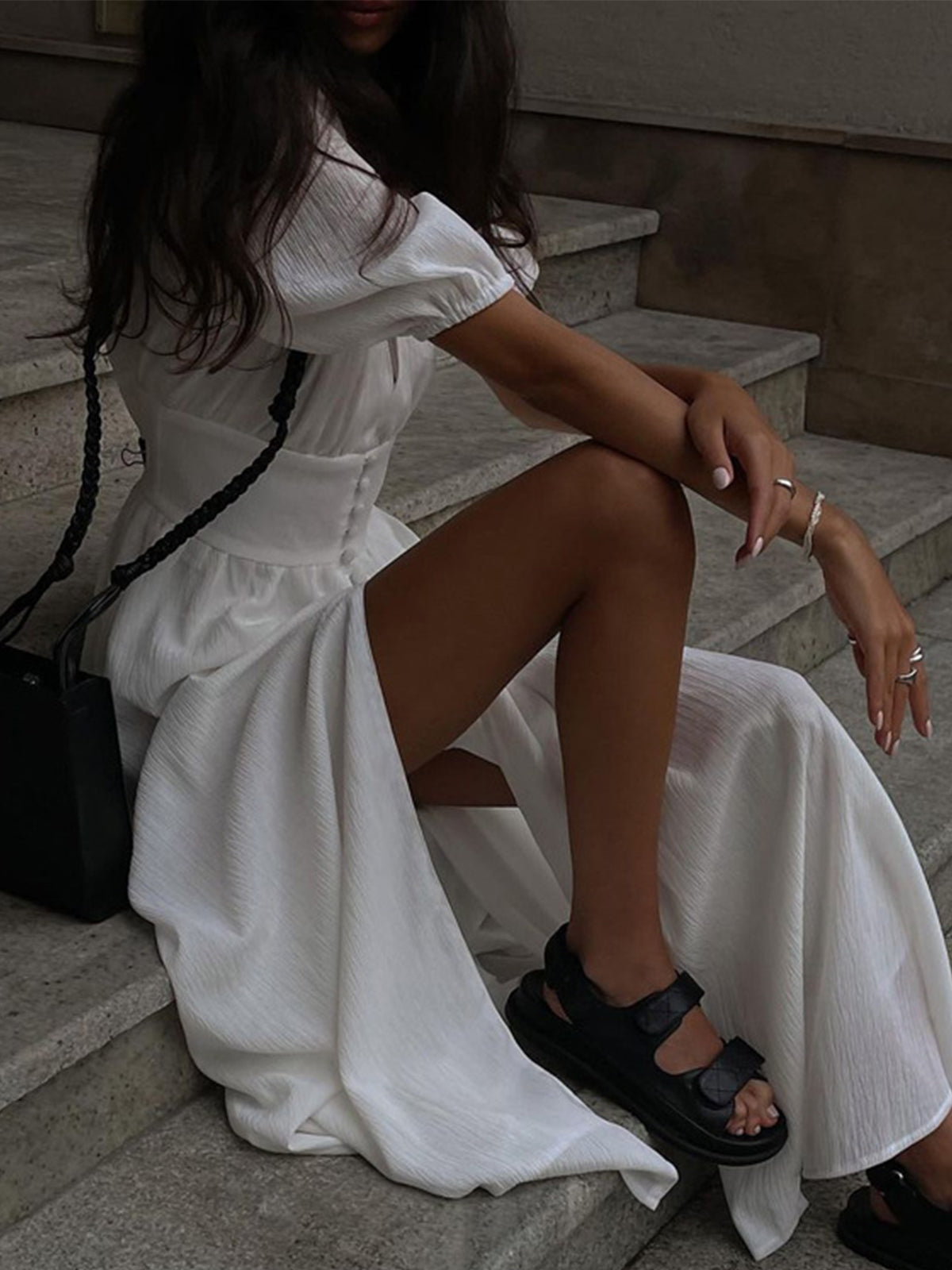 Robe longue col V pour soirées d'été, blanche ou noire
