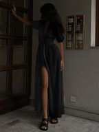 Robe longue col V pour soirées d'été, blanche ou noire, noir