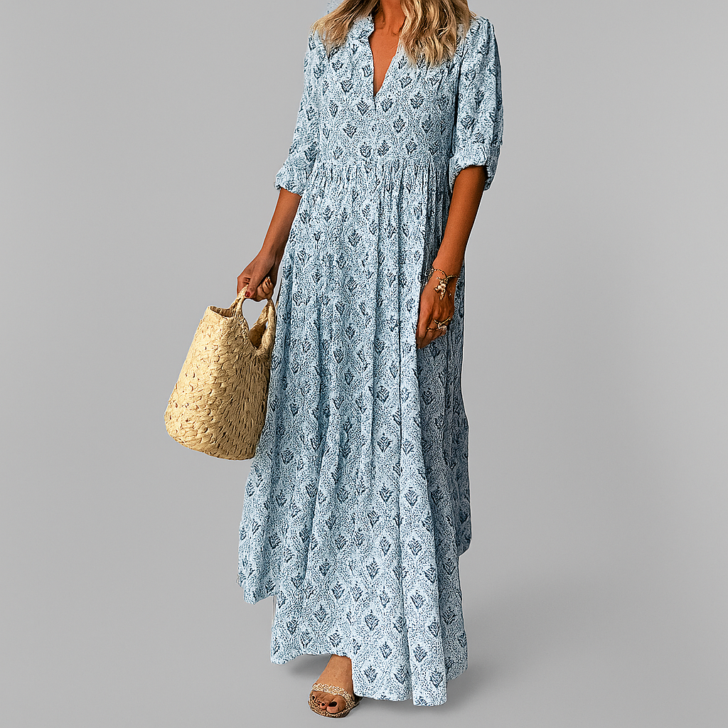 Robe longue femme à imprimé vintage, col V et manches 3/4, bleu