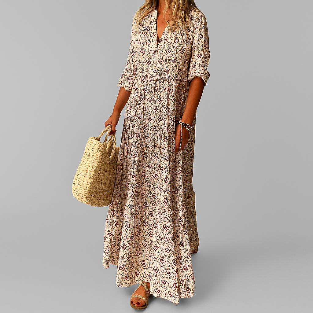 Robe longue femme à imprimé vintage, col V et manches 3/4, rose