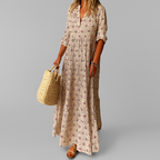Robe longue femme à imprimé vintage, col V et manches 3/4, rose