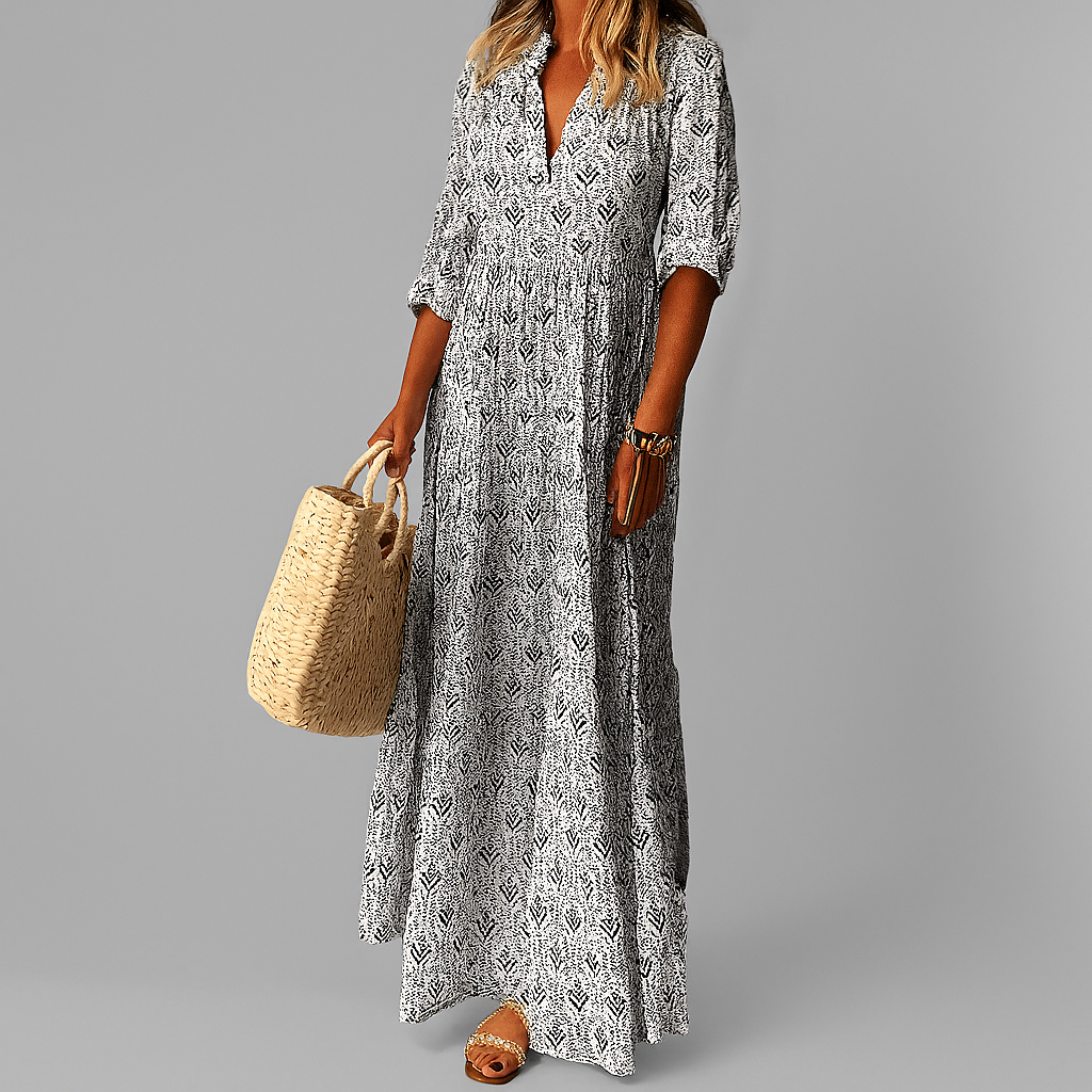 Robe longue femme à imprimé vintage, col V et manches 3/4, gris