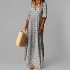 Robe longue femme à imprimé vintage, col V et manches 3/4, gris