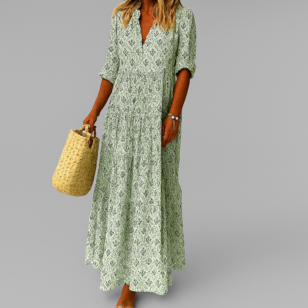 Robe longue femme à imprimé vintage, col V et manches 3/4, vert