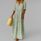Robe longue femme à imprimé vintage, col V et manches 3/4, vert