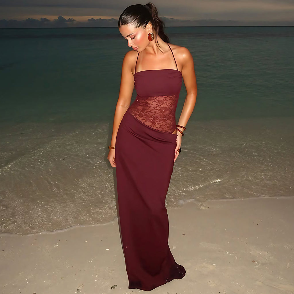 Robe longue en dentelle à fines bretelles et dos nu, rouge vin