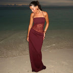 Robe longue en dentelle à fines bretelles et dos nu, rouge vin