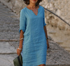 Robe longue femme col V à manches longues, coupe fluide