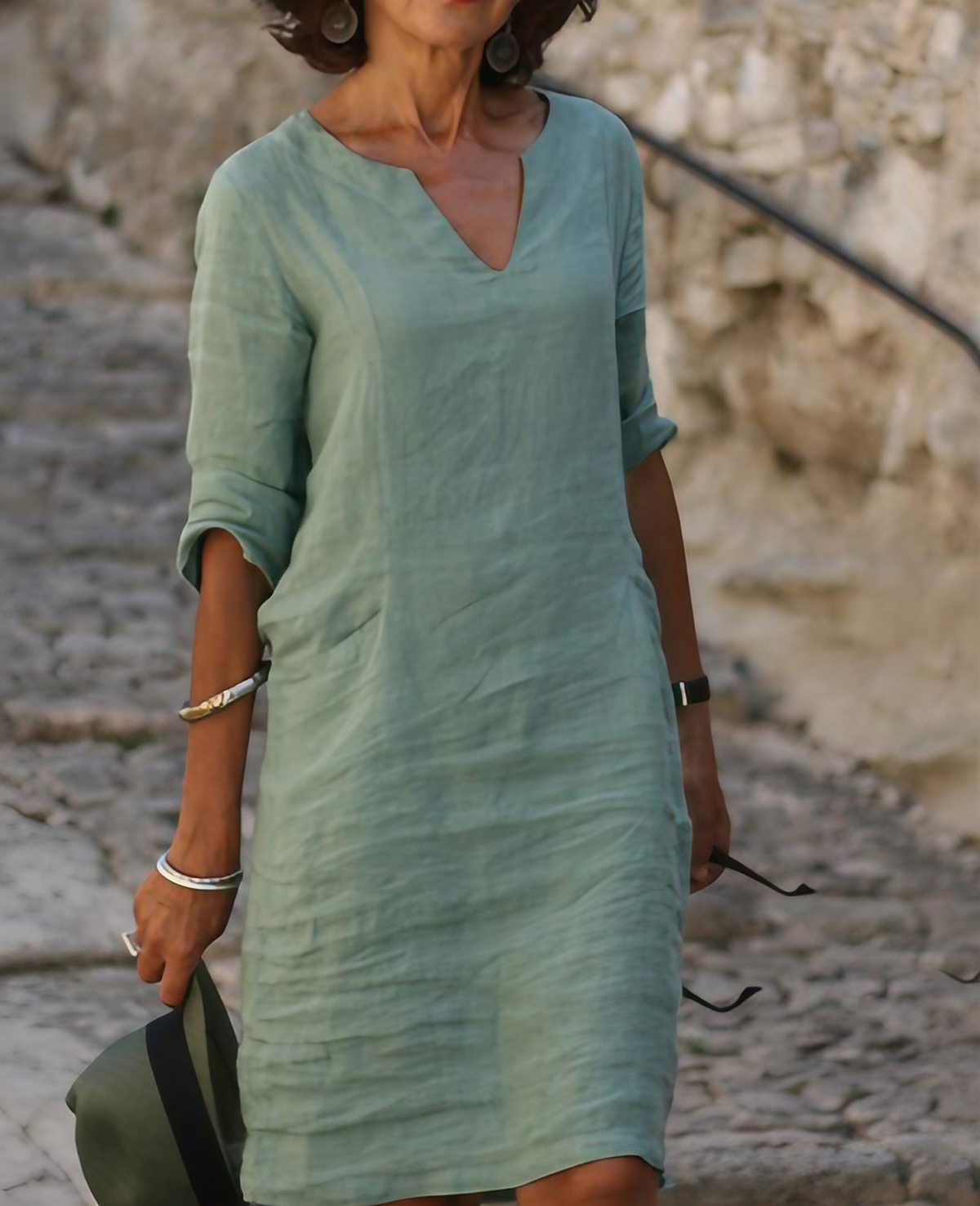 Robe longue femme col V à manches longues, coupe fluide, vert
