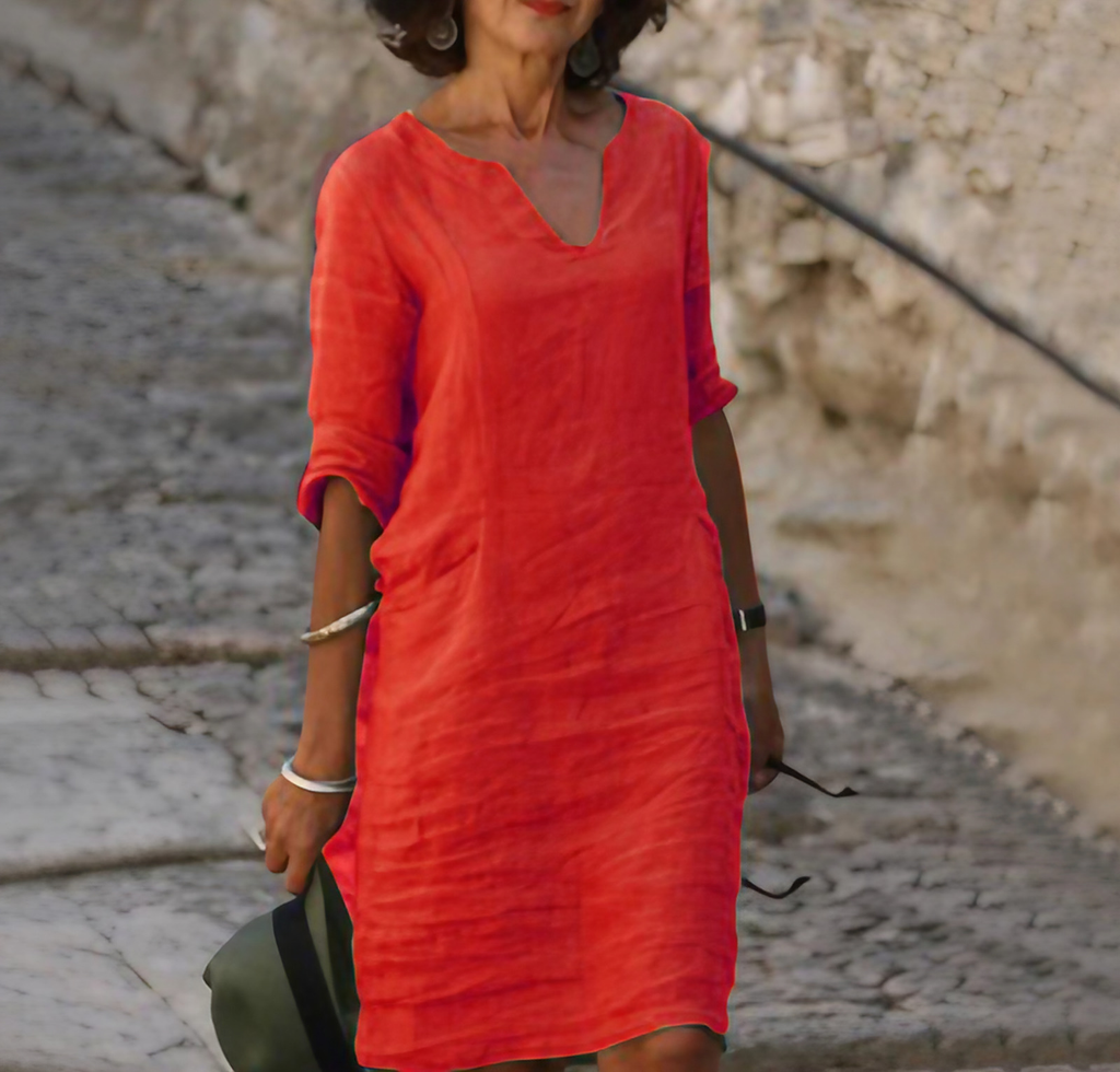 Robe longue femme col V à manches longues, coupe fluide, rouge