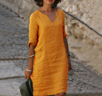 Robe longue femme col V à manches longues, coupe fluide, orange