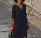 Robe longue femme col V à manches longues, coupe fluide, noir