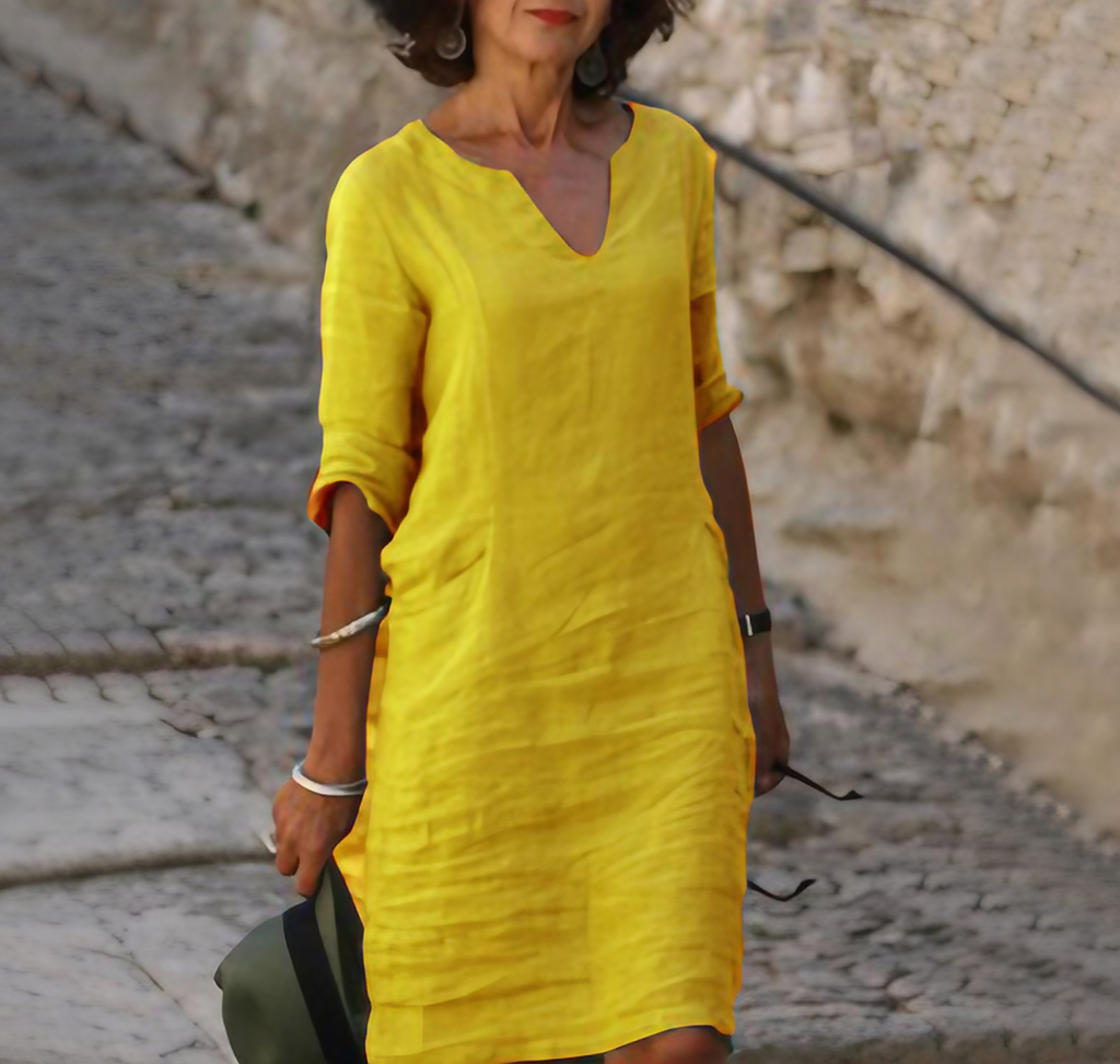 Robe longue femme col V à manches longues, coupe fluide, jaune