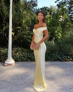 Robe longue satinée sans bretelles, couleur champagne, champagne