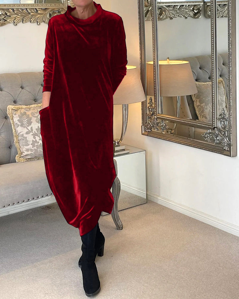 Robe longue en velours femme à col montant et poches