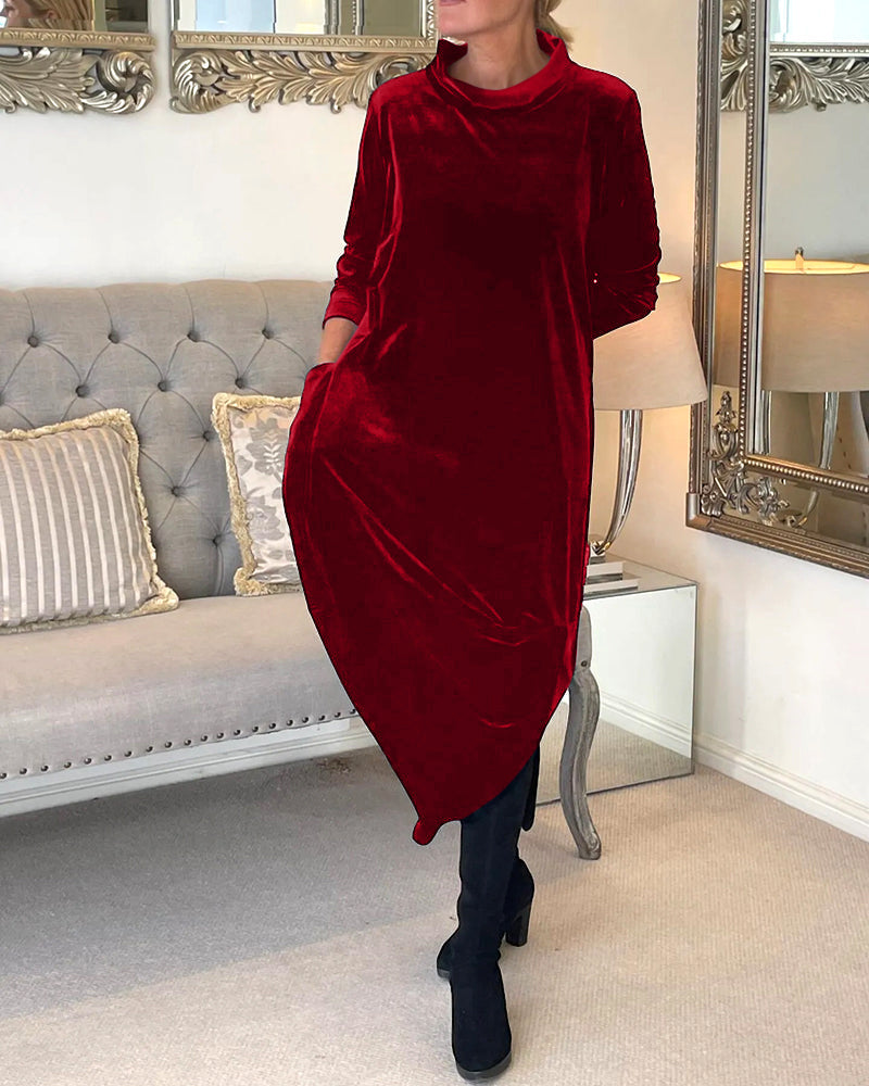 Robe longue en velours femme à col montant et poches