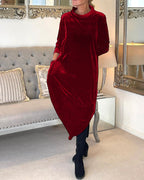 Robe longue en velours femme à col montant et poches