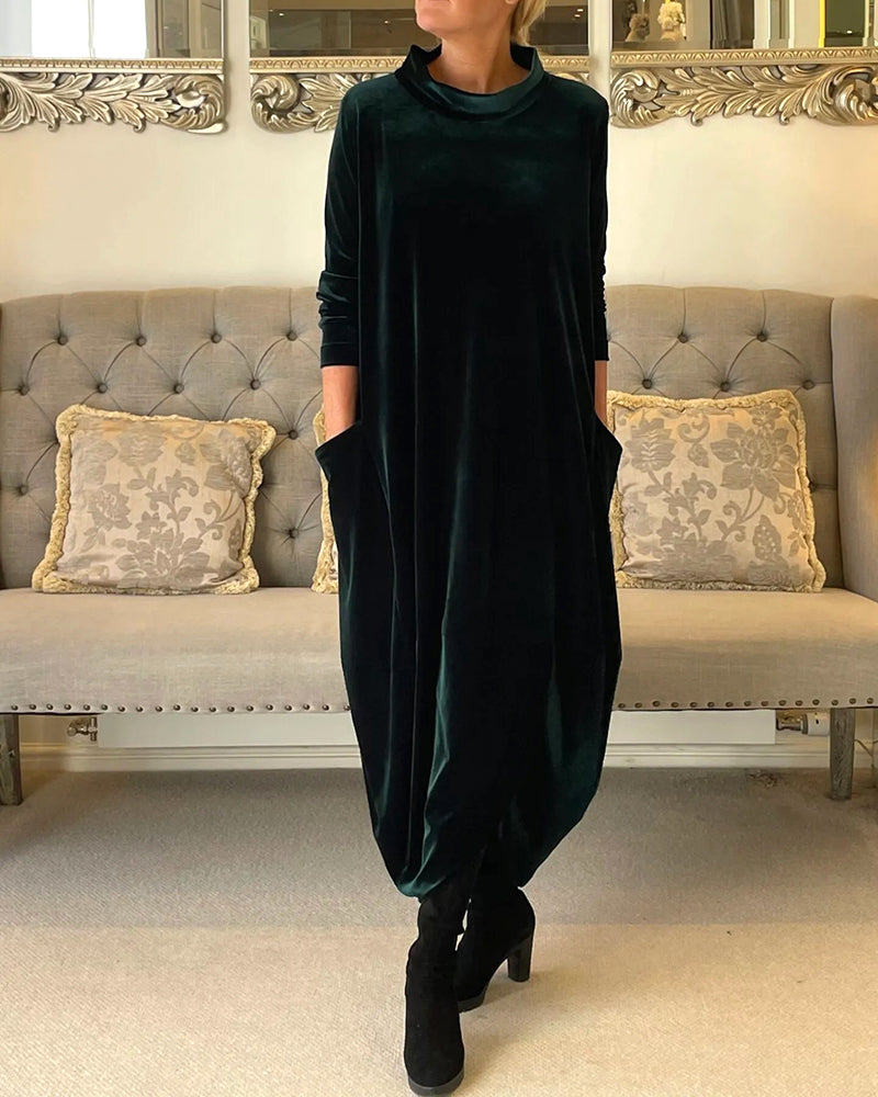 Robe longue en velours femme à col montant et poches