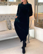 Robe longue en velours femme à col montant et poches