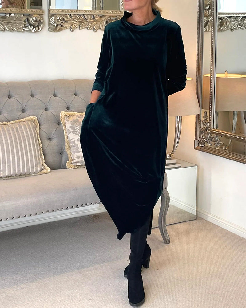 Robe longue en velours femme à col montant et poches