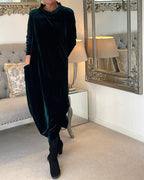 Robe longue en velours femme à col montant et poches