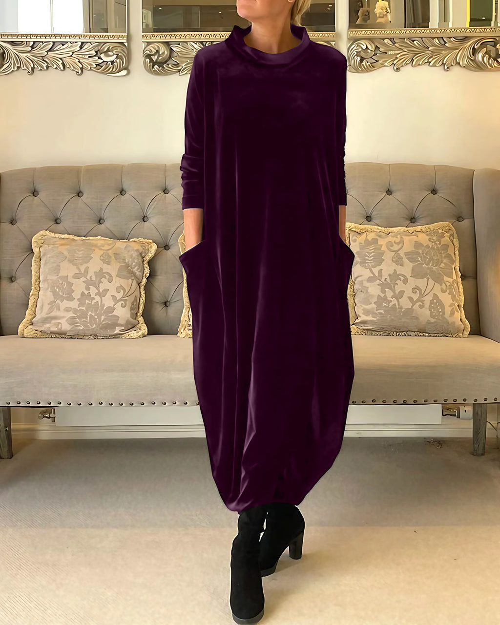 Robe longue en velours femme à col montant et poches, pourpre