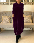 Robe longue en velours femme à col montant et poches, pourpre
