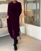 Robe longue en velours femme à col montant et poches