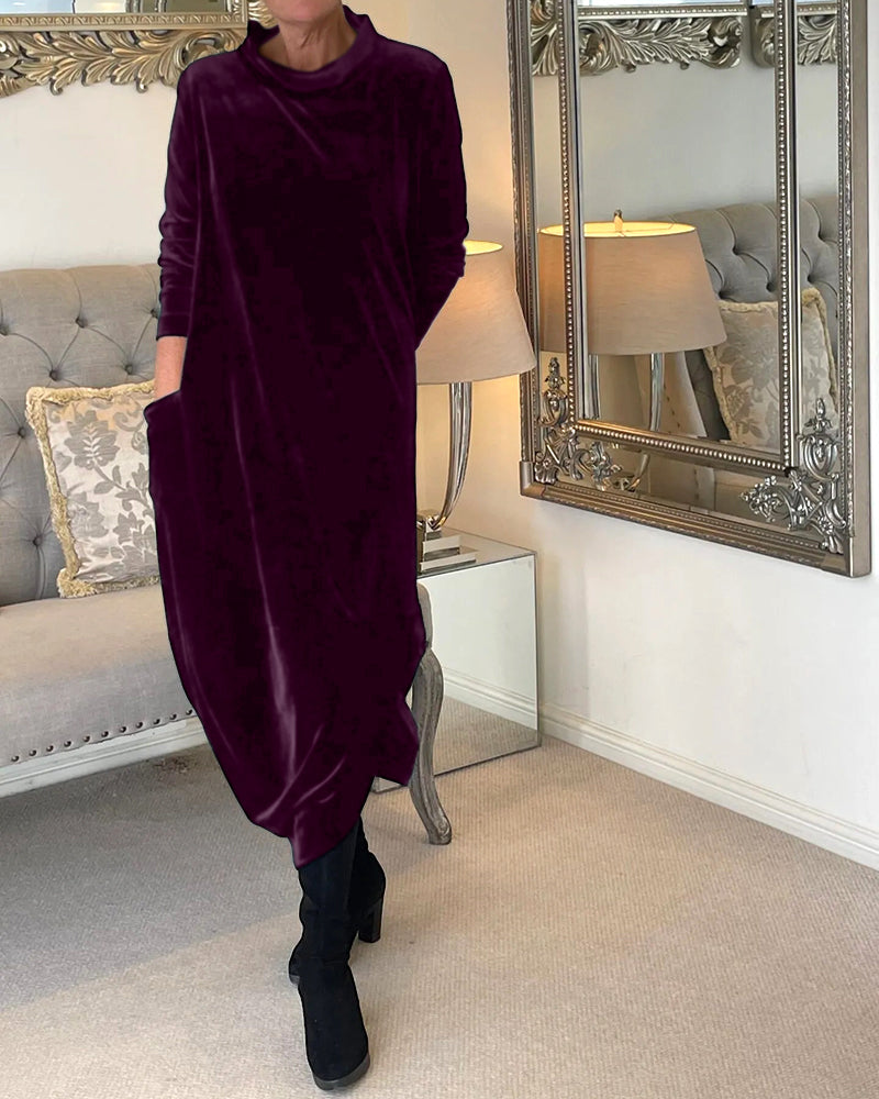 Robe longue en velours femme à col montant et poches