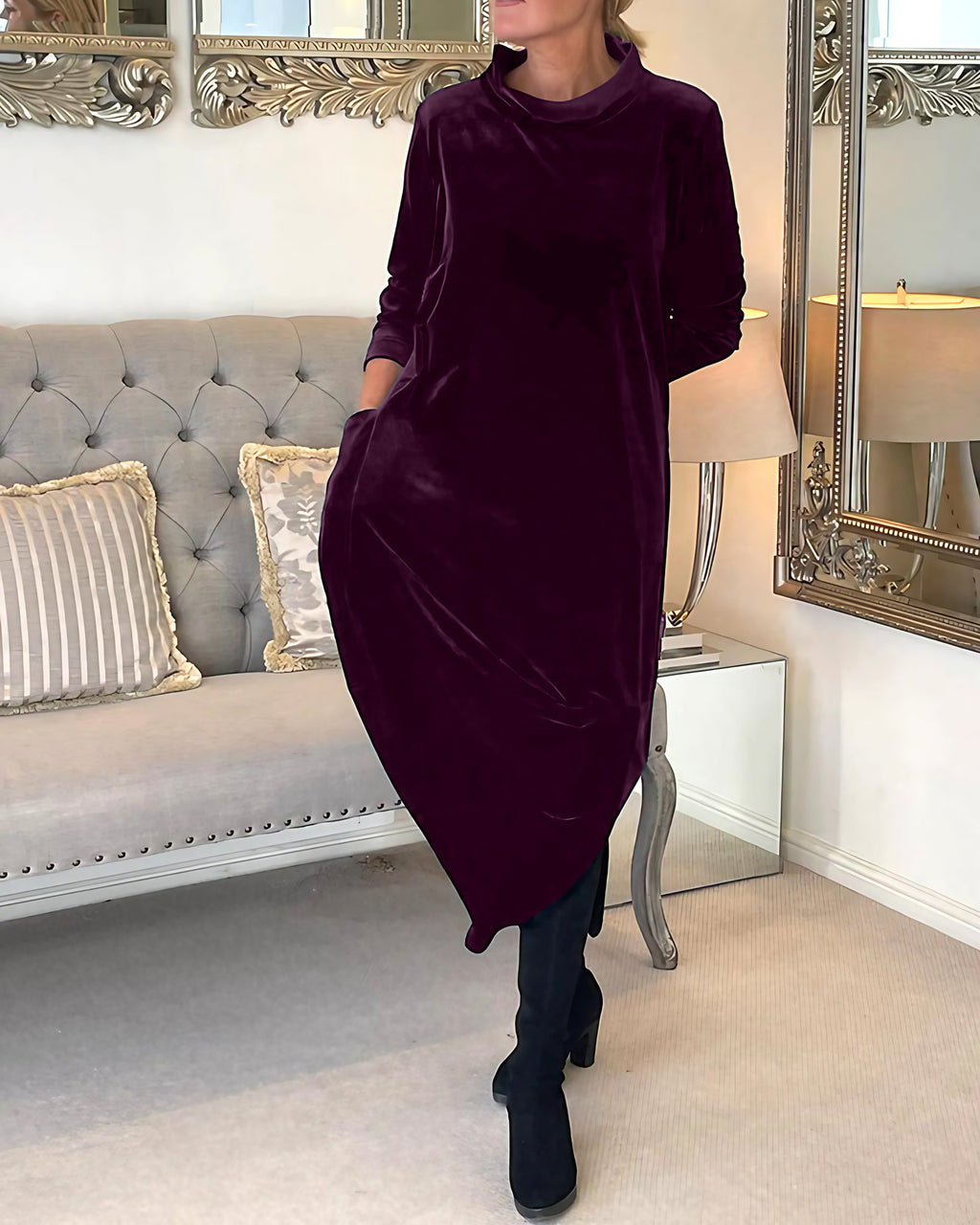 Robe longue en velours femme à col montant et poches