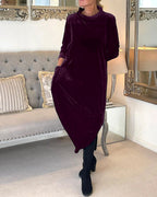 Robe longue en velours femme à col montant et poches