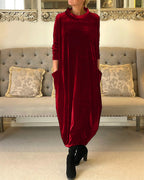 Robe longue en velours femme à col montant et poches, rouge
