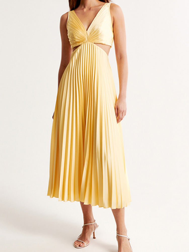 Robe longue évasée jaune, col V, dos nu et jupe plissée