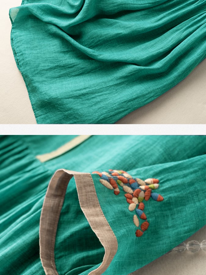 Robe longue brodée ethnique, col rond et manches mi-longues