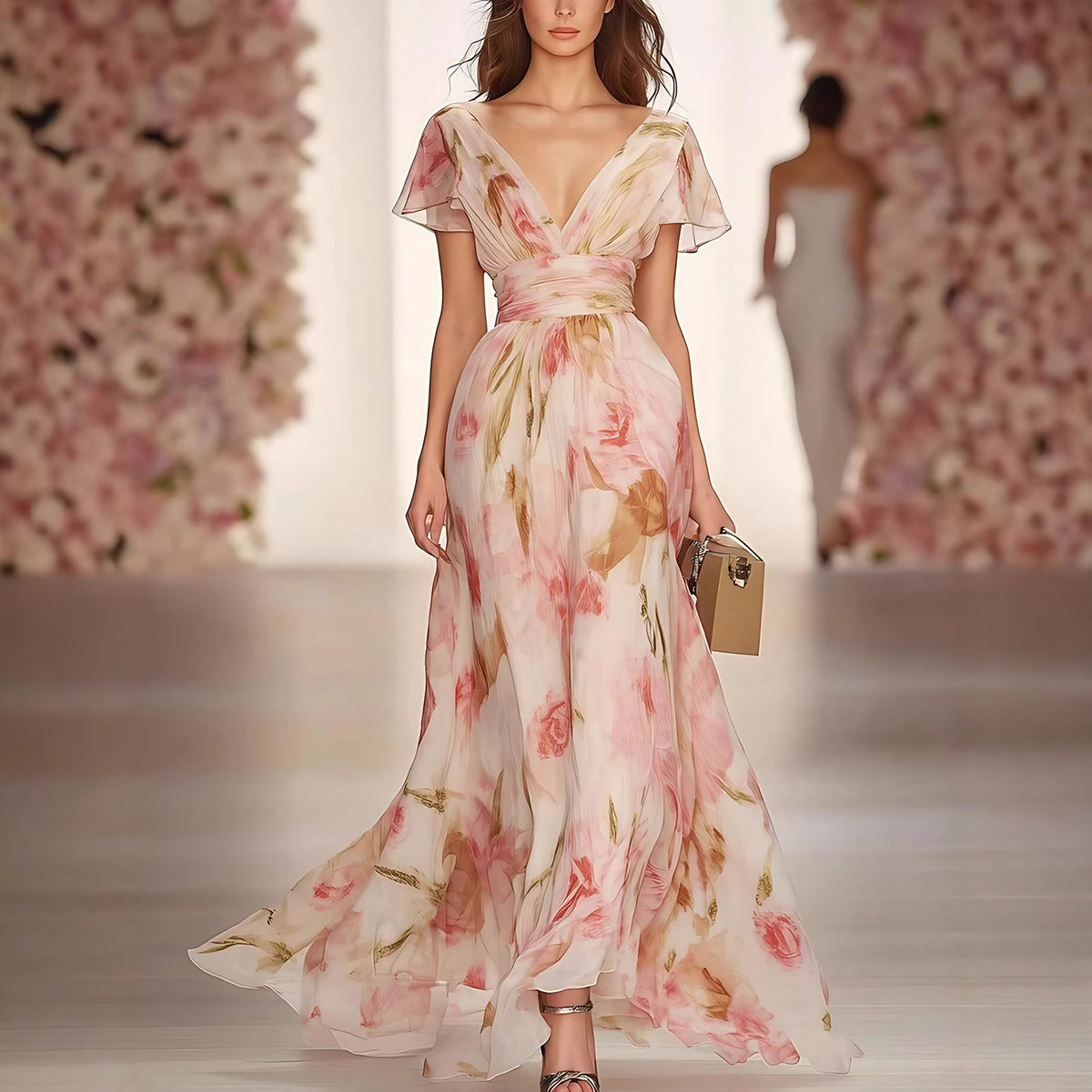 Robe longue fleurie col V profond, manches volantées, rose, rose