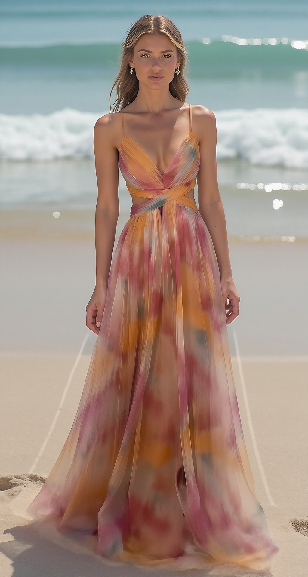 Robe longue imprimée femme, laçage réglable au dos, rouge
