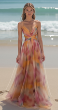 Robe longue imprimée femme, laçage réglable au dos, rouge