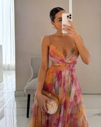 Robe longue imprimée femme, laçage réglable au dos