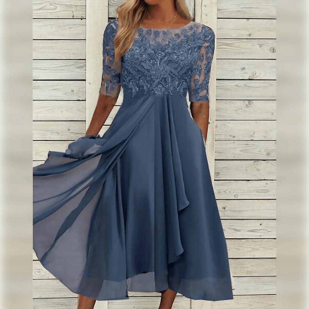 Robe longue de soirée femme, coupe fluide, manches longues, bleu