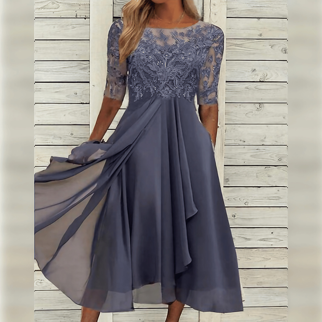 Robe longue de soirée femme, coupe fluide, manches longues, gris