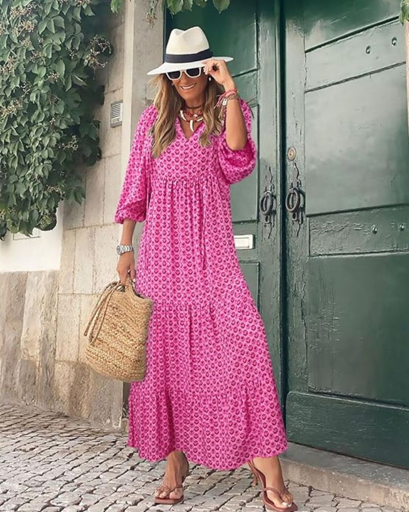 Robe longue femme fluide à manches courtes, trois coloris, rose
