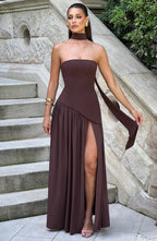Robe de soirée longue fendue à bustier, foulard assorti