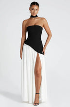 Robe de soirée longue fendue à bustier, foulard assorti