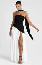 Robe de soirée longue fendue à bustier, foulard assorti, noir