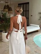 Robe longue dos nu femme, col licou et fente, quatre coloris