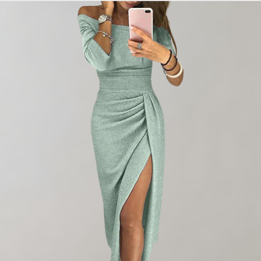 Robe drapée à épaules dénudées et fente latérale, six coloris, vert