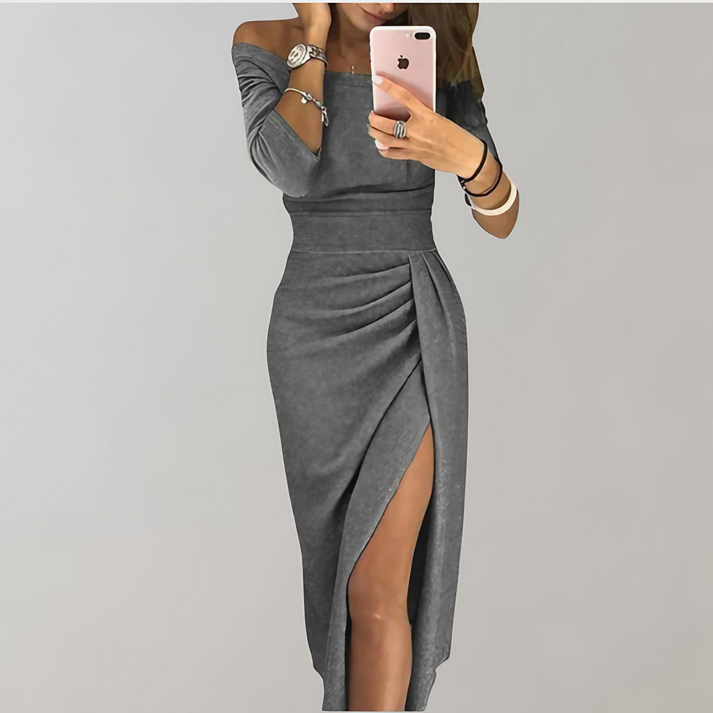 Robe drapée à épaules dénudées et fente latérale, six coloris, gris