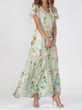Robe longue fleurie femme à col V, verte, du XS au 3XL, vert